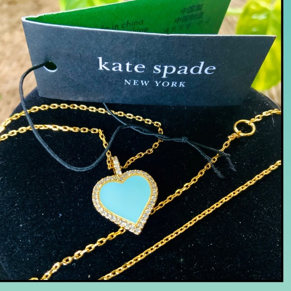 Kate Spade Necklace TAKE HEART 🩷Charming TIFFANY BLUE CZ/ENAMEL GOLD CHAIN - Picture 2 of 11